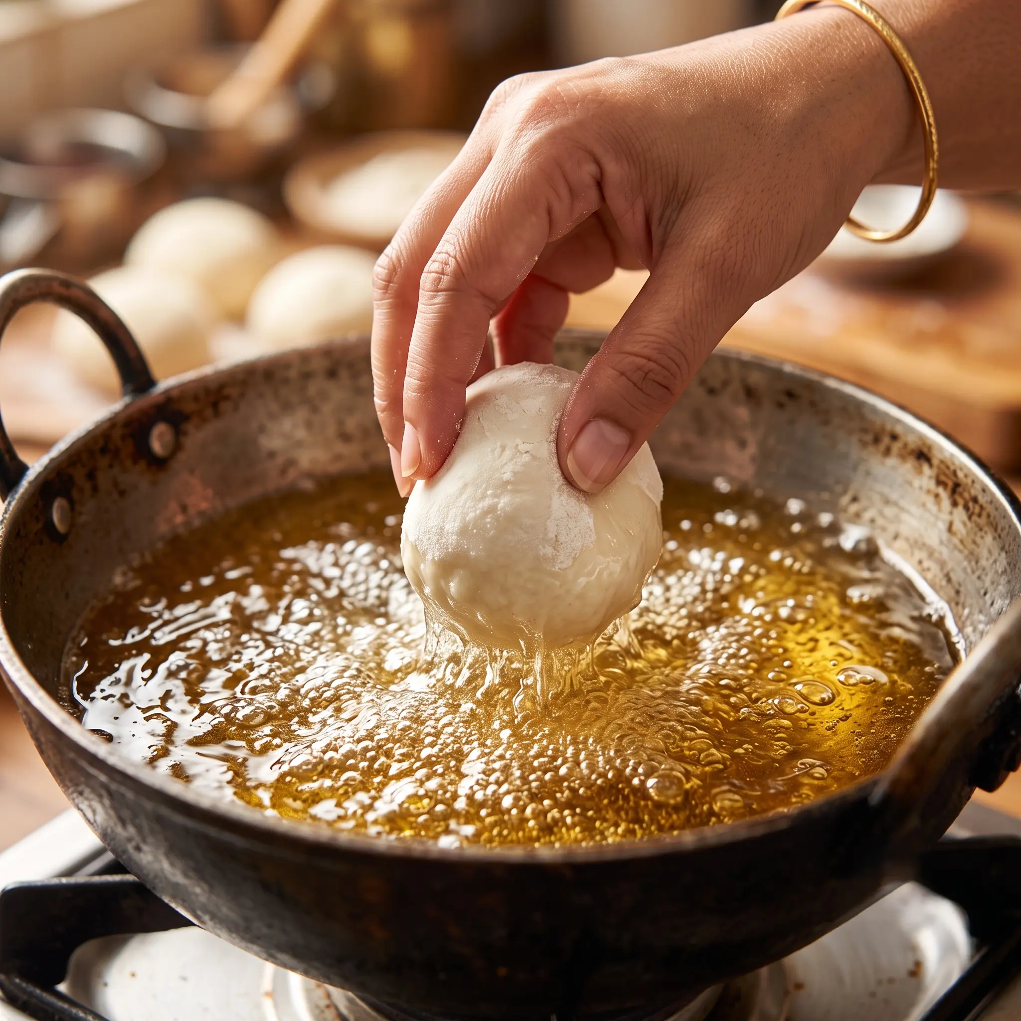 Deep frying dough in pure refined oil